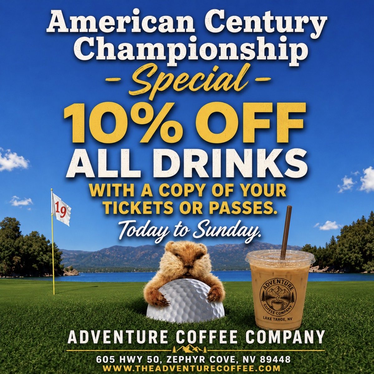 ACCTahoe's tweet photo. 10% off all drinks with a copy of your Celebrity Golf Tournament (“aka American Century Championship) passes/tickets. Now til Sunday. @edgewoodtahoe #americancenturychampionship #coffee #coffeeshop #laketahoe #golf https://t.co/6MEfWlBuIL