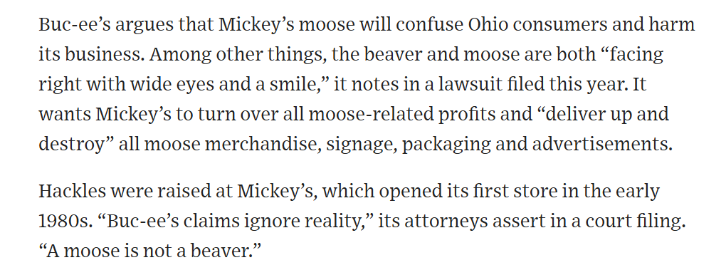 OKnox's tweet photo. "A moose is not a beaver."

Apparently Buc-ee's is waging an aggressive legal war against rival chains' mascots. From the WSJ: https://t.co/JLRo2SIc9v