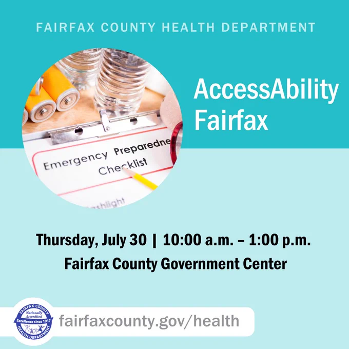 Close-up of an emergency preparedness checklist with batteries and water bottles, promoting Fairfax County's AccessAbility event. The event is Thursday, July 30, from 10 a.m. to 1 p.m. at the Fairfax County Government Center. 