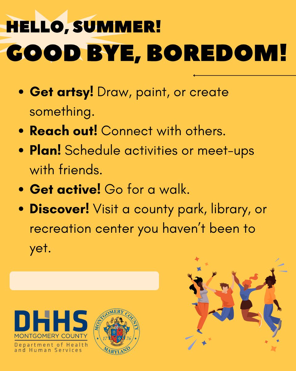 Healthy_MoCo's tweet photo. Being bored isn’t always a bad thing, but if you’re looking for a few ideas to fill your schedule this summer, check out the list below! https://t.co/1jdQnrBvUS