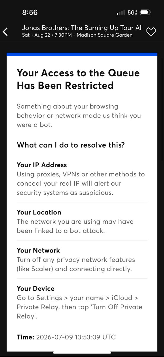 potterca1994's tweet photo. What the heck is wrong with Ticketmaster, @Michael_Rapino????? Your website thinks we are all freaking bots and can’t get into the queue!! https://t.co/TR5ktZbDWa