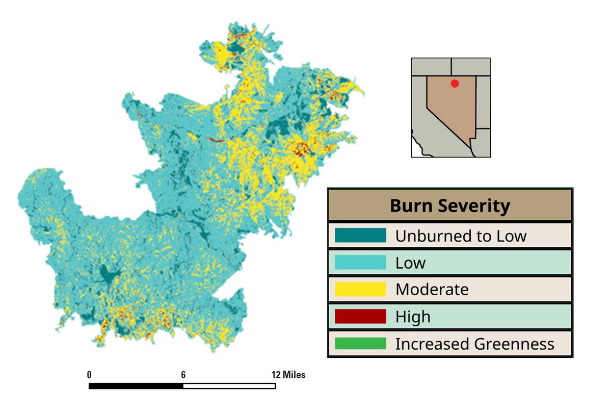 USGS_EROS's tweet photo. Every wildfire leaves a signature on the landscape. More than 200 new maps now help tell that story. 🔥

Long-term fire records help scientists and land managers understand how burned landscapes change over time and prepare for future fires.

The Monitoring Trends in Burn Severity (MTBS) program recently added more than 200 fire maps, extending its record from 1984 through 2025. With an archive of more than 30,000 maps, MTBS data support land management decisions and are widely used in scientific research.

Check out the latest MTBS fire maps on this interactive viewer: https://t.co/iy4gxUeaMN

📷1: This photo taken August 18, 2025, shows smoke billowing from the Cottonwood Peak Fire. Photo credit: Forrest Peterman, Bureau of Land Management

📷2: One of the new MTBS maps includes the Cottonwood Peak Fire ignited by lightning in August 2025; it grew to be the largest wildfire of the year in Nevada. The fire burned more than 137,000 acres of sagebrush and grass, along with some forest, in Elko County. About 1,000 people worked on the fire, which threatened ranches and prompted evacuations. The map shows varying levels of burn severity and the fire’s location in north central Nevada. Credit: USGS

#wildfire #FireMapping #BurnSeverity