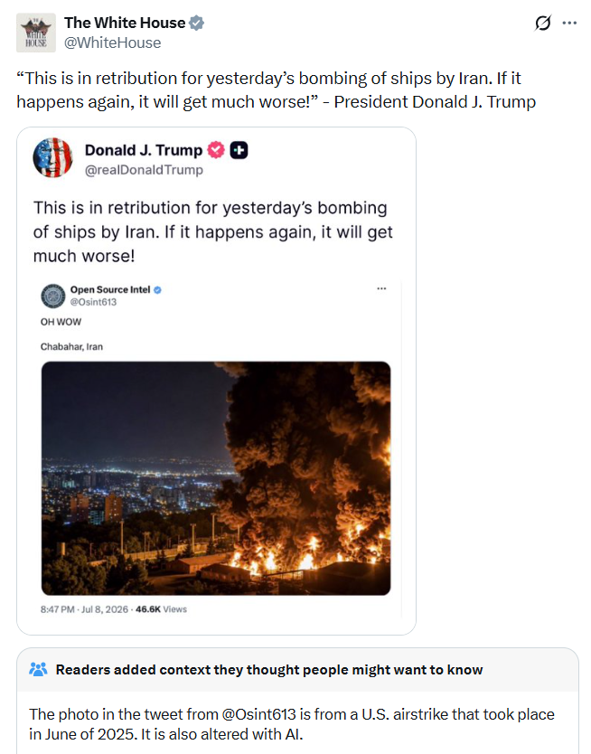 maddenifico's tweet photo. The lies, deception, and propaganda of the fascist authoritarian Trump regime is why America's allies trust Iran over America's serial lying psychopath.

This photo Trump is touting is not only from 2025, it's also been enhanced by AI. https://t.co/f3udn5oHQT