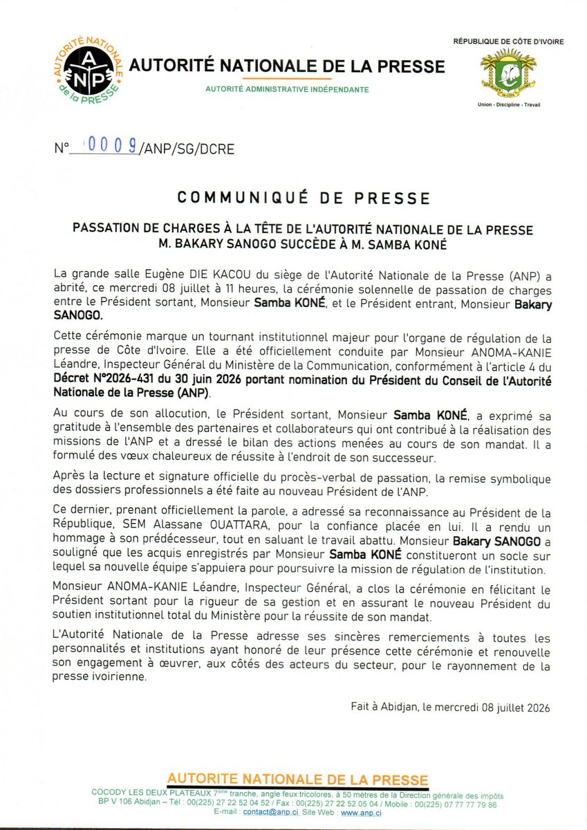 autorite_la's tweet photo. #ANPActualités | COMMUNIQUE N°009/ANP/SG/DEAJ DU 08 JUILLET 2026 DE L'AUTORITE NATIONALE DE LA PRESSE
#AutoritéNationaleDeLaPresse
#CommuniqueAnp2026
#ANP
#DCREANP https://t.co/L6ueVlTH2z