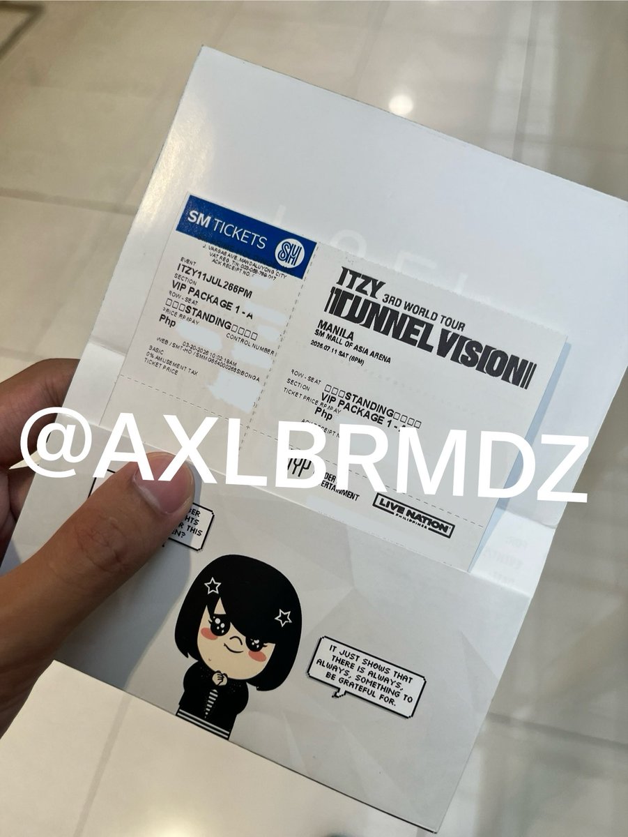 Axlbrmdz's tweet photo. wts lfb ph

[RUSH] ITZY 3RD WORLD TOUR TUNNEL VISION

1 VIP Standing Package A

- selling for 12.5k nalang
- can do meet up around Pasig, Mandaluyong, GH or dday
- rfs: di na makakasama yung dapat kasama ko

#ITZYinManila Yeji Lia Ryujin Chaeryoung Yuna https://t.co/FLRxlnhMwC