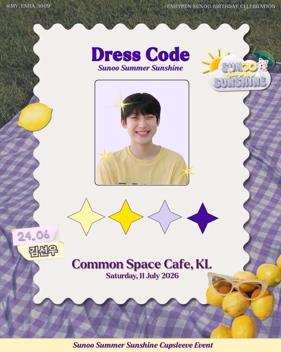 MY_Enha_1009's tweet photo. 🚨 THE DAY IS FINALLY COMING! 
​Only 2 days left until we celebrate our sunshine! ☀️🦊 Here is our official schedule and dress code for this Saturday! 

We can't wait to see everyone looking bright and beautiful! Let's make it a magical day for Sunoo! 🌻✨
#sunoosummersunshine https://t.co/G8qbNqtVNP