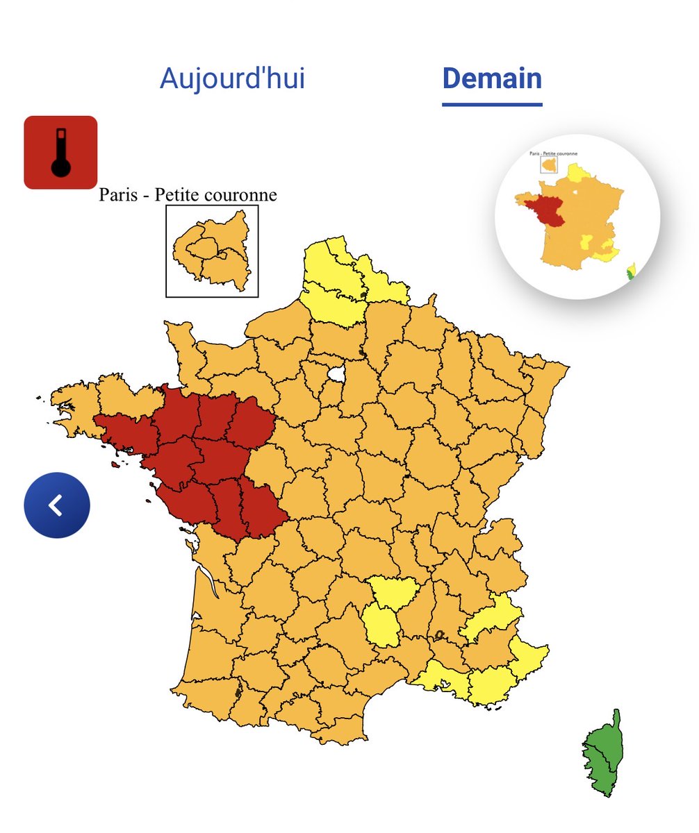 CerfiaFR's tweet photo. 🚨🇫🇷🥵 FLASH | La France vire de nouveau au ROUGE dès demain. 9 départements sont placés en vigilance maximale canicule pour la 3ème vague de chaleur depuis le mois de mai. La grande majorité du pays reste en orange : la chaleur devrait rester au moins jusqu’au 14 juillet. https://t.co/Crf8xNu0Zf