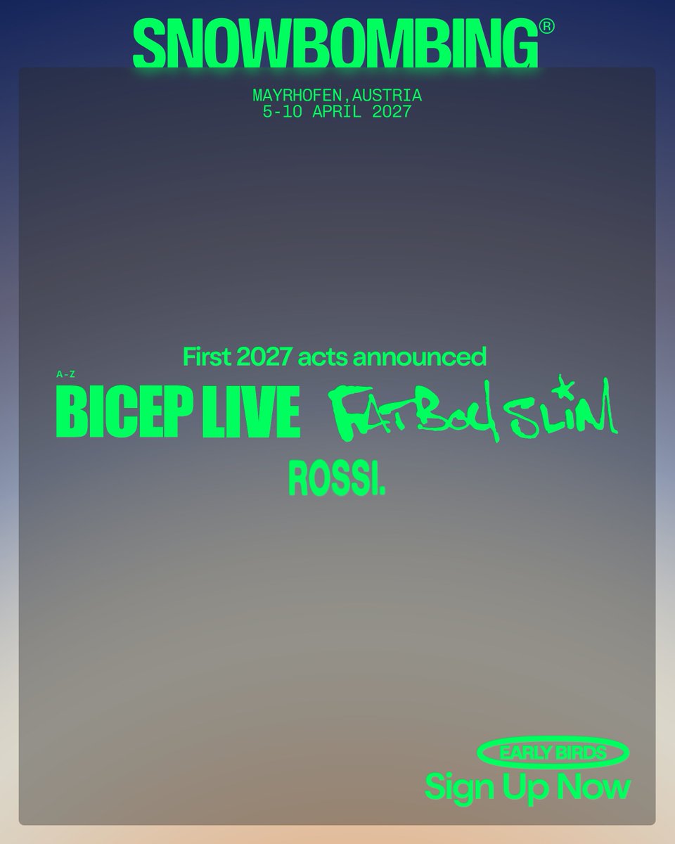 Snowbombing's tweet photo. SB27. FIRST ACTS ANNOUNCED.

We're kicking things off with Snowbombing royalty and some of dance music’s most celebrated acts...

Get in line for packages before they drop next week: https://t.co/ysqPXL6dHM https://t.co/reX4WJFk1N