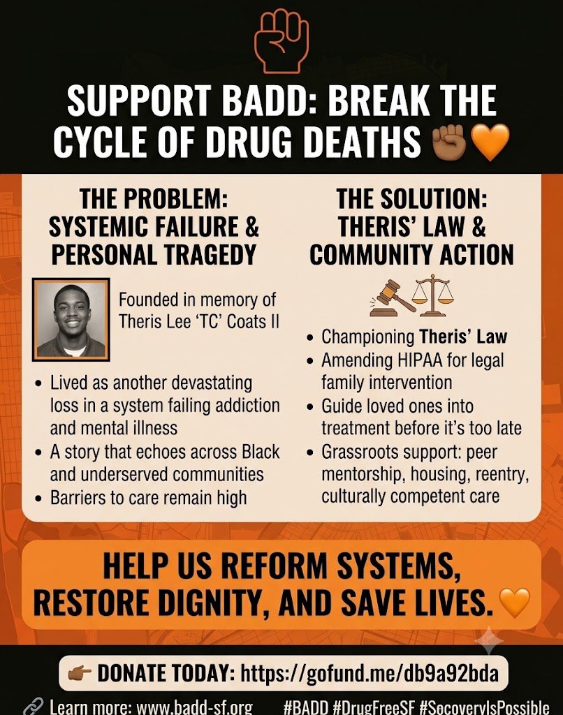 drug_deaths's tweet photo. Systemic failures are costing lives. BADD is turning grief into action to pass Theris’ Law, helping families legally intervene and get loved ones into treatment before it's too late. Help us break the cycle of drug deaths.
Donate: https://t.co/gYogEyTqWW
#BADD #TherisLaw #SF https://t.co/suOBaAxZo6