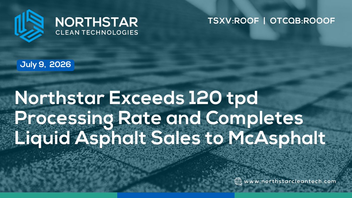 NStarCleanTech's tweet photo. Northstar $ROOF.V | $ROOOF Exceeds 120 tpd Processing Rate and Completes Liquid Asphalt Sales to McAsphalt

▶️ Full Release: https://t.co/2Tsr58Zvpf https://t.co/h07b9OzvK8