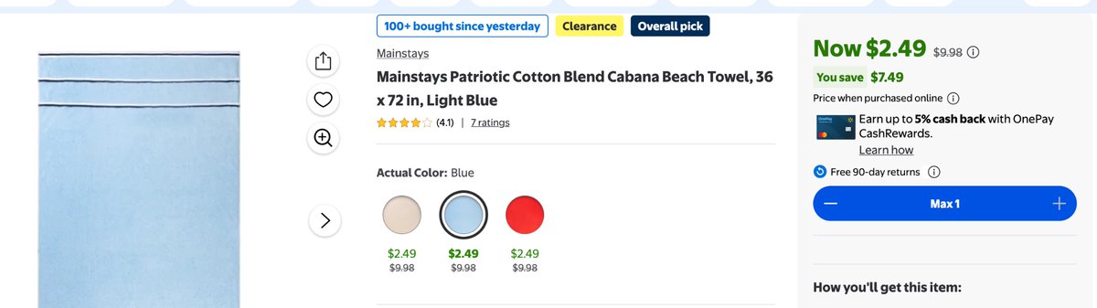 glitchaddicts's tweet photo. $2 MAINSTAYS PATRIOTIC BEACH TOWEL 

Price dropped to $2 at Walmart, originally $10

Light Blue, Blue, Beige, and Red color options available

Free shipping for Walmart+ members or orders over $35

https://t.co/zLAtMcYCUh #ad https://t.co/hrV6mMkfnq
