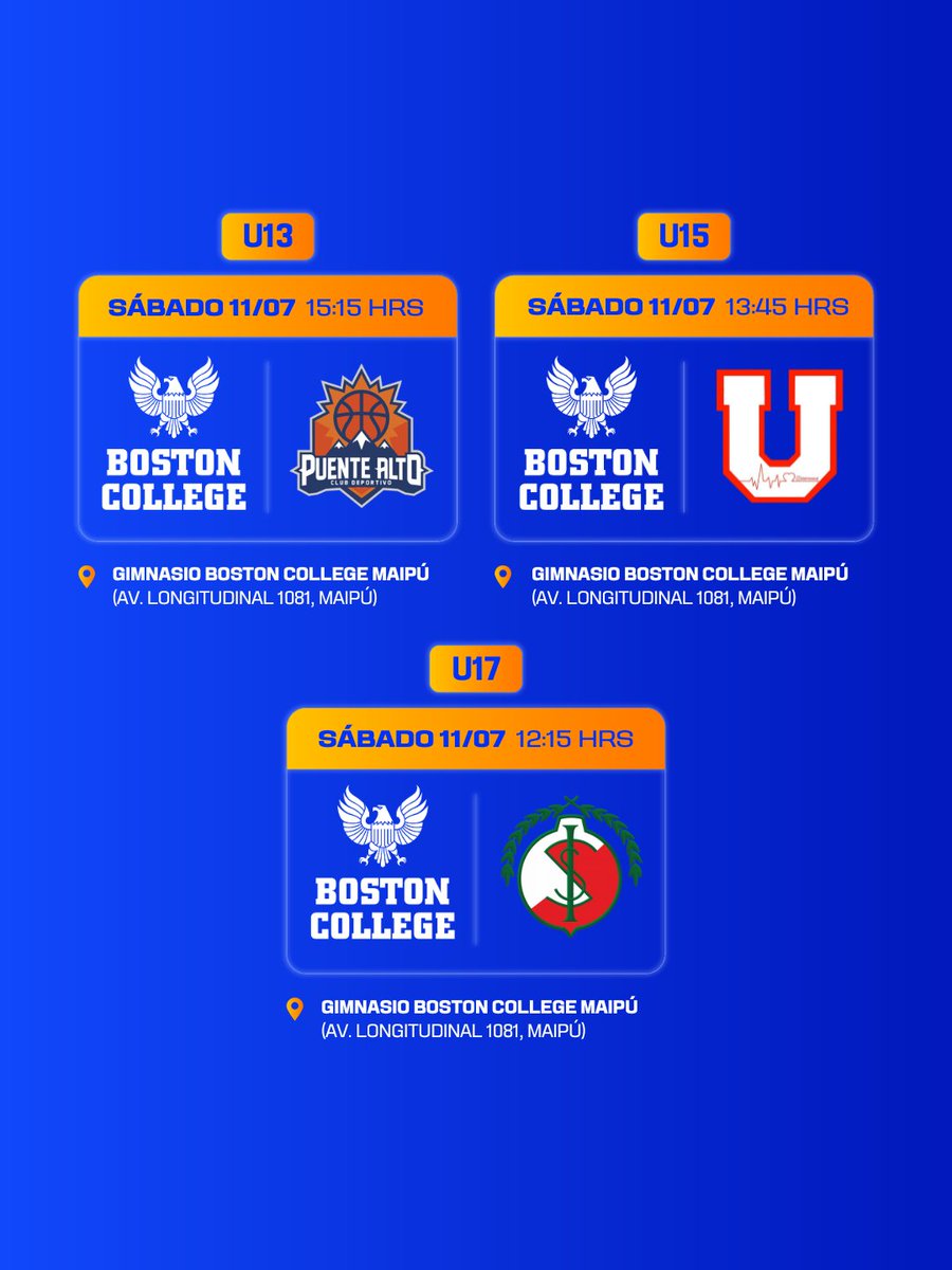 CDBostonChile's tweet photo. ¡Rivales confirmados para las #Águilas! 🦅🏆🏀
Te compartimos la programación de nuestras series masculinas U13, U15 y U17 por los cuartos de final del Torneo #LibcentroMenores de #ArbamMetrobasket💪🏼.
¡Mucho éxito, chicos! 💪🏼💛💙 #VamosBoston https://t.co/5MLYuAZTDI