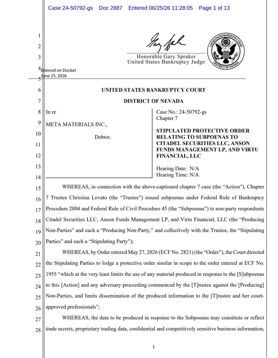 kimkep4796's tweet photo. @JDVance @VP Perhaps it’s time to take a closer look at the growing body of litigation involving Citadel and allegations of spoofing and market manipulation. The Meta Materials Chapter 7 bankruptcy is one case worth watching closely. Citadel’s motion to quash subpoenas was denied in part, allowing discovery to move forward. Transparency protects investors.