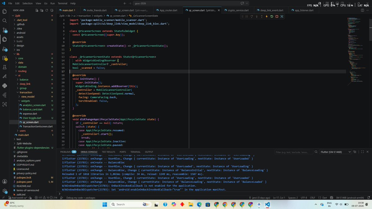 JanviPithadiya's tweet photo. Week 6 of #GSoC 
Built QR code + deep link sharing for Zplit — two devices can now exchange signed transaction data with zero server involvement 
Standard JSON payload, sender signs it, receiver verifies before accepting.
Bluetooth sync is up next 
#OpenSource #Flutter https://t.co/tLOCNmpyVB