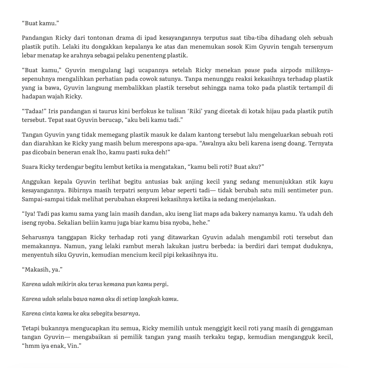 goldenskinboy's tweet photo. gyuicky / gyubrik short au 327 words

roti riki, dan cinta yang dibawa hingga mati. https://t.co/7lxLTAb8z6