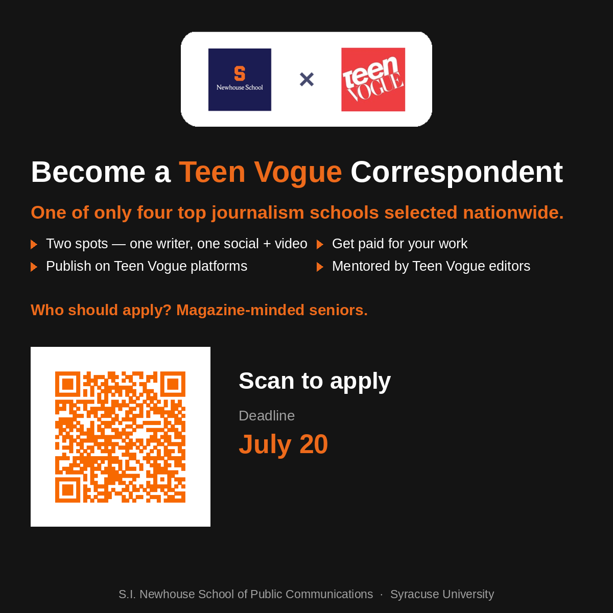 NewhouseMND's tweet photo. BIG NEWS: @Newhouse_SU is one of 4 J-schools nationwide selected for the 2026–27 @TeenVogue Correspondents Program.

2 paid spots. $250/piece. Direct editor mentorship. Writing + video roles available.

Seniors, apply by July 20 https://t.co/bCjmCVbjRT

#Journalism #TeenVogue https://t.co/XQRyrMVBII