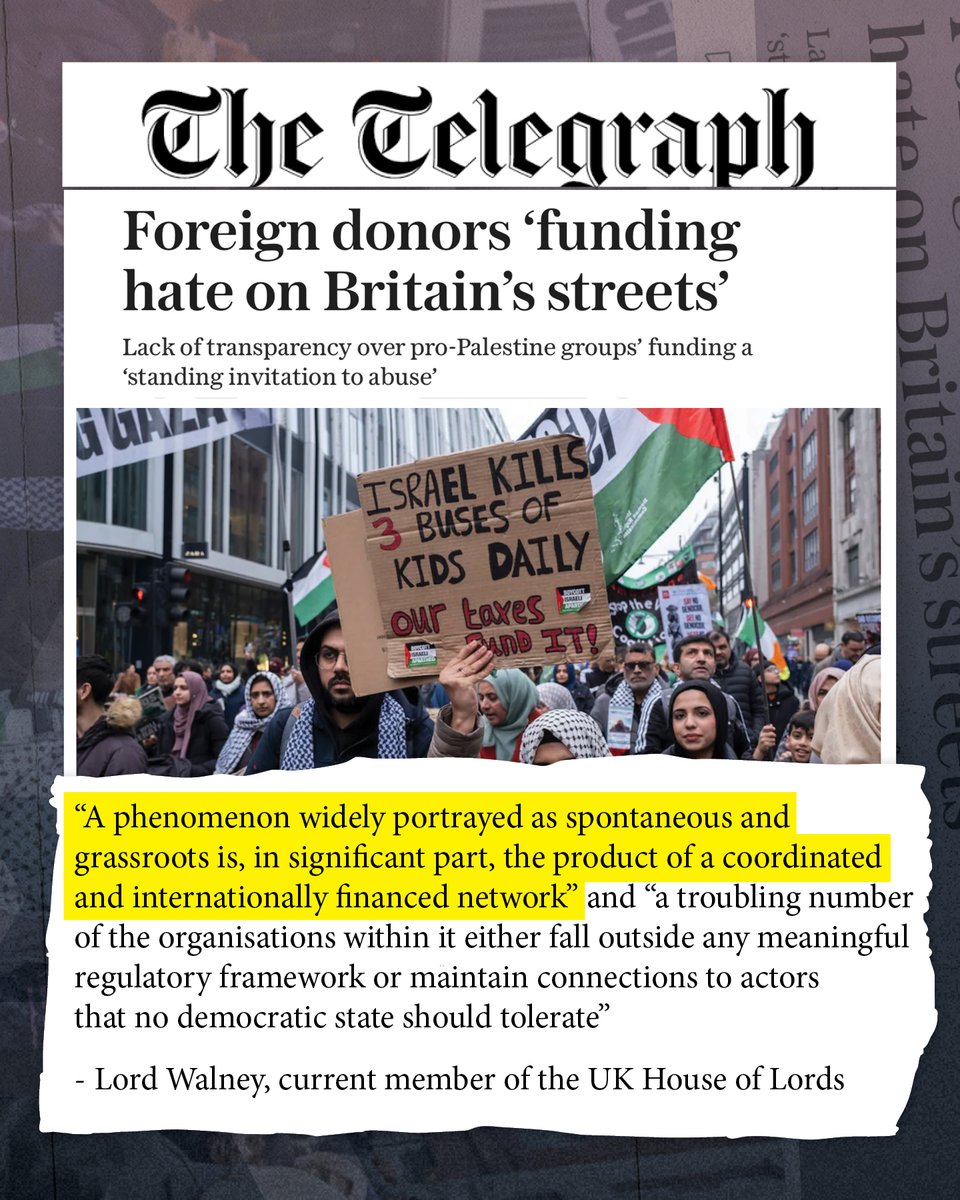 CIJAinfo's tweet photo. A new @NGOMonitor report released by @LordWalney this week in the British Parliament reveals how international funding networks are sustaining anti-Israel activism in the UK through state actors, including Iran, and foreign donors. It found that cryptocurrency was increasingly being used to hide funding sources for organizations accused of antisemitism.

It also calls for reforms to improve transparency over how the groups and charities behind pro-Palestine marches are funded.

This report reinforces the urgent need to name the problem clearly: the anti-Israel hate movement is driving extremist activity, hate and violence.

The Canadian Government and authorities should be taking a hard look at the funding, coordination, and foreign influence behind extremist movements operating here at home.

Read more in The Telegraph: https://t.co/LxfxVpRx3h

And read the full report here: https://t.co/QswDIWPuCP