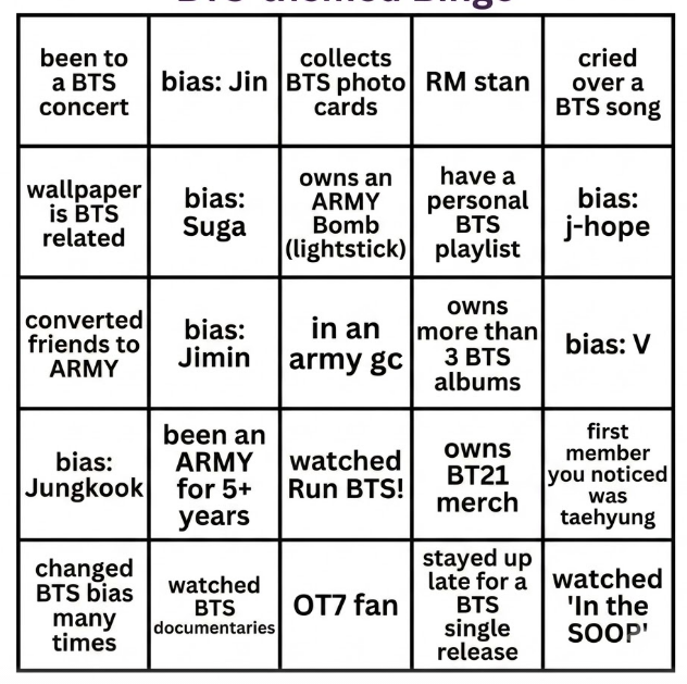 kttllua's tweet photo. ARMY bingo. GO! https://t.co/EY6x8sJAJk