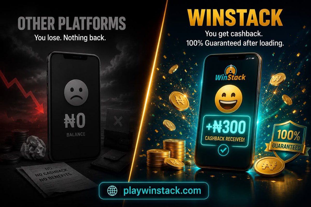 WinStackNg's tweet photo. Why settle for zero returns when you can get rewarded instantly? 💸

Other platforms:
❌ Load money.
❌ Play.
❌ Lose.
❌ Nothing back.

WinStack:
✅ Load money.
✅ Get guaranteed cashback.
✅ Spin for even bigger rewards.

Why play anywhere else?

18+ (Coming soon 🔜 )

#WinStack #GuaranteedCashback #PlayAndWin #CashbackRewards #NigeriaGaming #WinMore #Comingsoon #LaunchCountdown