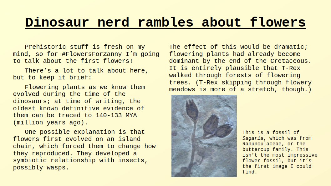 MarmotOnToast's tweet photo. Rambling about prehistoric #FlowersForZanny, because the jellies are the good kind of horrible and will gladly enable me.
I get Zanny's frustration; hopefully this will help a little. https://t.co/H4QyLaYu6y