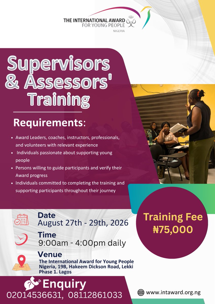 TheAwardNig's tweet photo. Behind every successful Award participant is a dedicated Supervisor or Assessor. Are you ready to make a difference?
Join our Supervisors & Assessors' Training and become part of a life changing journey.
Click the link to register
https://t.co/7wMos6CYf0
#worldready #intaward https://t.co/howrTsXWIZ