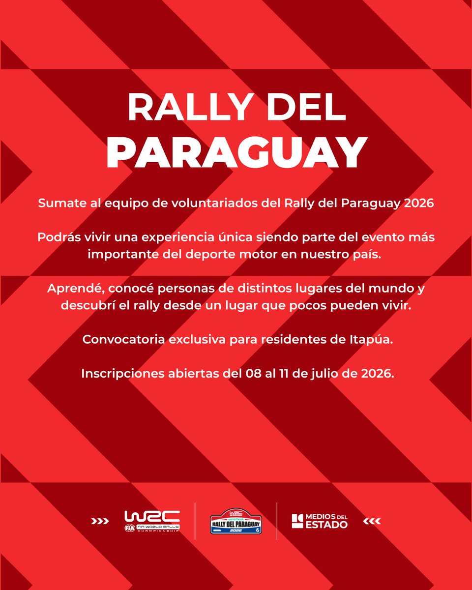 rnpy920am's tweet photo. Llamado a sumarte al equipo de voluntariados del Rally del Paraguay 2026 🏁

Vivirás  una experiencia única siendo parte del evento más importante del deporte motor en nuestro país. https://t.co/FhfZbXptL3