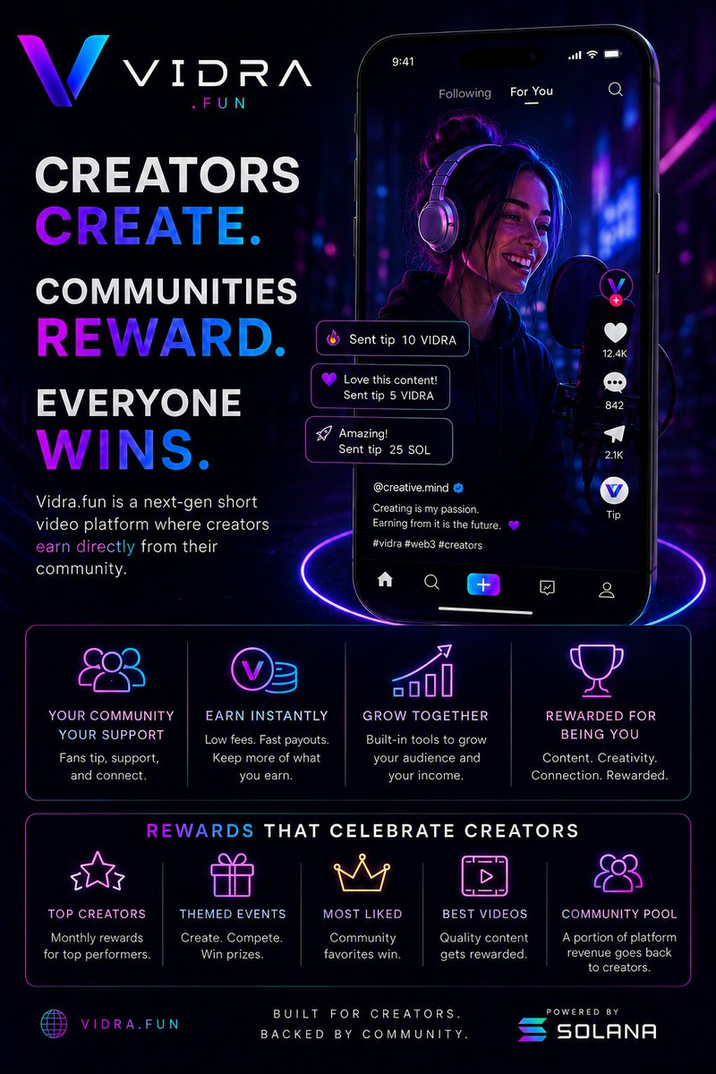 VidraApp's tweet photo. Every creator starts with a community.

We're building the platform that rewards both.

💜 Tip with VIDRA & SOL
🚀 Creator-first rewards
⚡ Powered by Solana
This is just the beginning.
🌐 https://t.co/22MkygMAGD

#VIDRA #Solana #CreatorEconomy #Web3 #BuildInPublic #ContentCreators #pumpfun