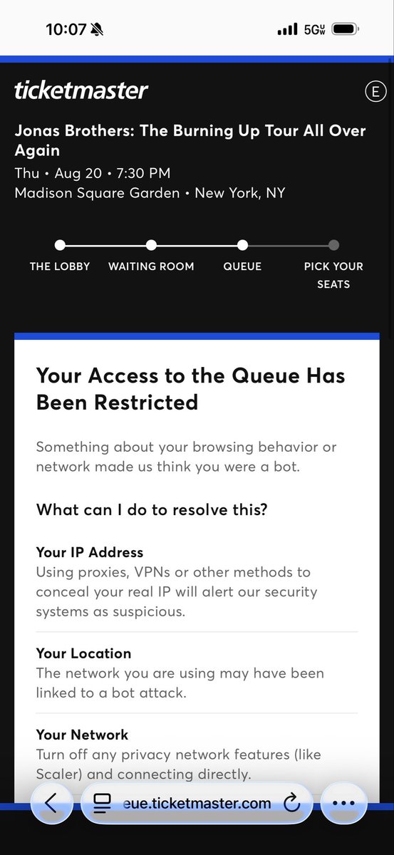 beller823's tweet photo. @Ticketmaster @jonasbrothers @joejonas @nickjonas @kevinjonas after all of my groupchat got marked as bots for ~*no reason*~ (because I checked everything it said)…the only tickets available were for $835??? I’m so upset. Just trying to get my 30th birthday plans in order 🙄 https://t.co/ZuYH9xFh5h