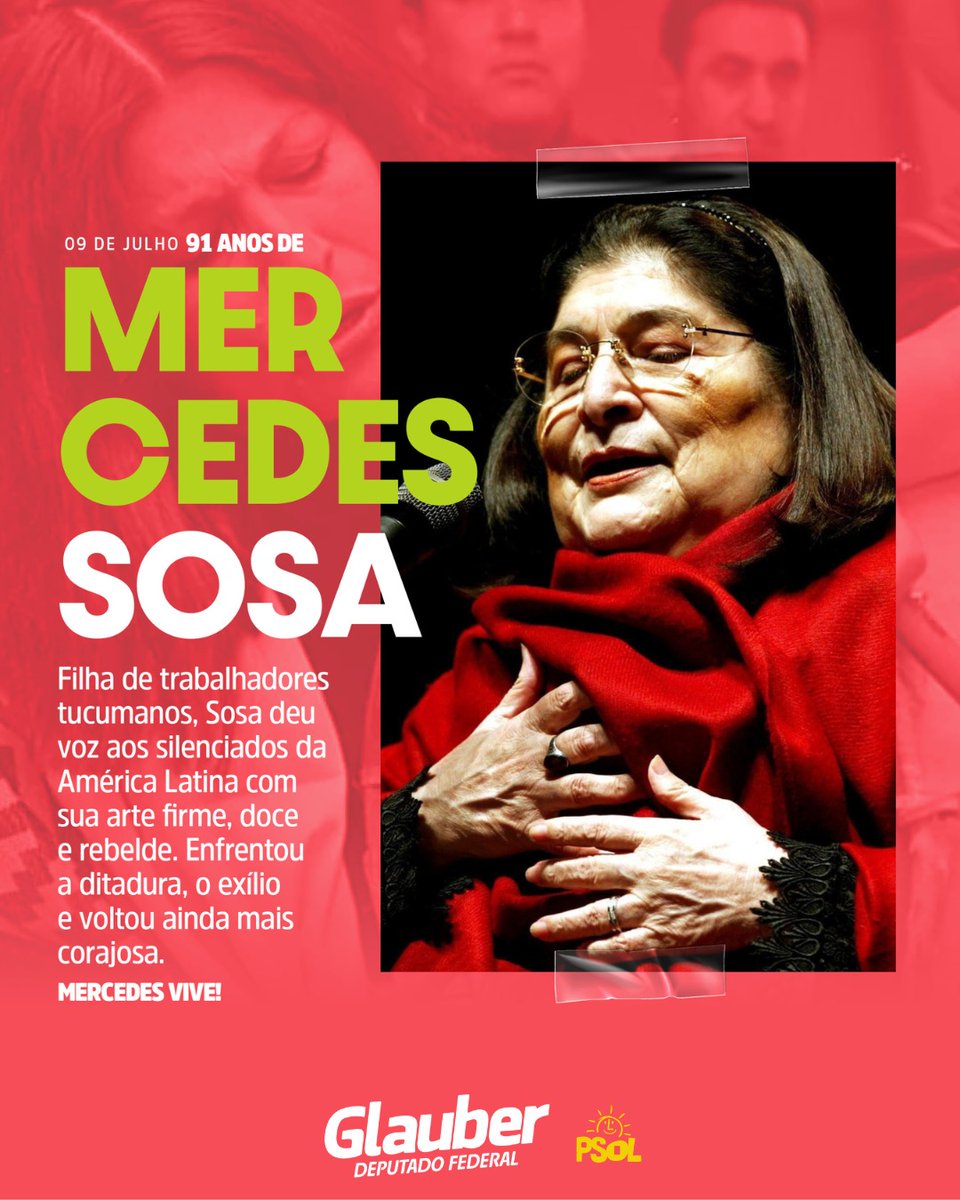 Glauber_Braga's tweet photo. Mercedes Sosa: a voz que nunca se calou

Hoje, no dia 09 de julho, celebramos o nascimento de Mercedes Sosa, influente cantora argentina, foi uma das vozes representantes do movimento Nueva Canción, que se espalhou pela a América Latina nos anos 1960.

O movimento musical Nueva Canción tinha forte influência de outras culturas, como a africana, cubana e andina. Ficou conhecido por ter um caráter político, que denunciava as mazelas locais e combatia o imperialismo norte-americano.

A trajetória musical de Mercedes começou cedo, aos 15 anos, e logo começou a se destacar no cenário, com aparições nos grandes veículos de comunicação da Argentina e em casas de show pelo país.

Mercedes foi presa e exilada pela Ditadura Militar em 1979, por ser uma militante comunista. Durante o exílio, continuou cantando e denunciando as mazelas sociais e construindo um projeto de liberdade, justiça e igualdade.

Viva a música latino-americana! Viva Mercedes Sosa!