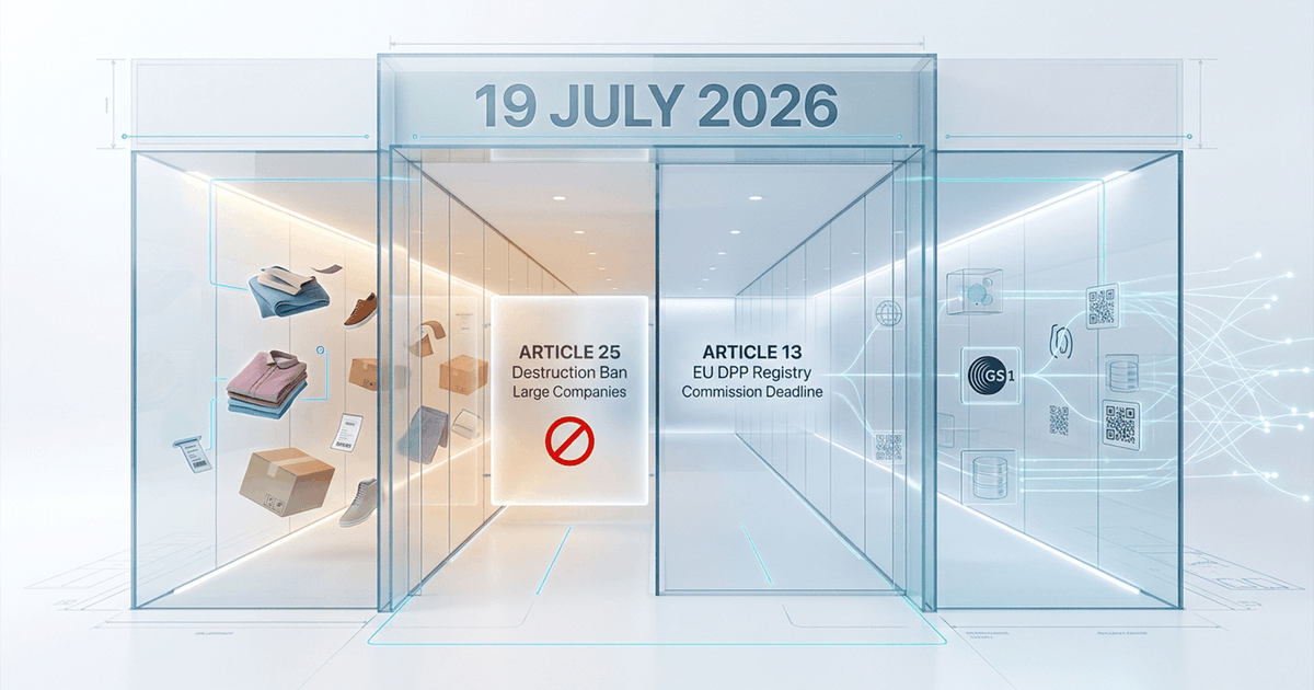 fluxy_one's tweet photo. Two major ESPR textile deadlines hit on 19 July 2026: a destruction ban on unsold goods &amp; the DPP registry setup. The catch? The ban targets large companies first, and the registry deadline is on the EU, not your products.
#DPP #EUCompliance #FluxyOne https://t.co/eTs9PzKFkC