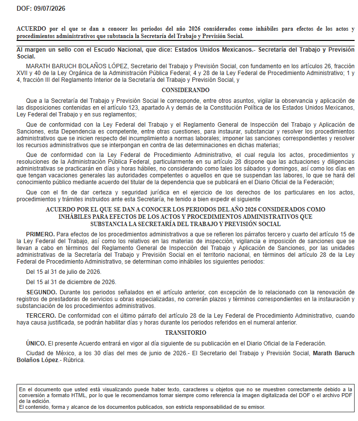 FerrumR's tweet photo. Hoy se publicó en el @DOF_SEGOB acuerdo que difunde los periodos considerados como inhábiles, para efectos de los actos y procedimientos administrativos sustanciados por la @STPS_mx Entra en vigor mañana. Sugiero que lo revisen aquí: https://t.co/HpUkEa8PND https://t.co/7dZxpdFjvg