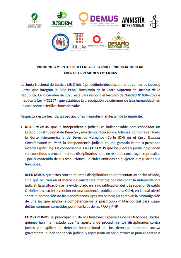 amnistiaperu's tweet photo. 🚨  En defensa de la independencia judicial frente a presiones externas. Exigimos el cese de estas acciones que socavan la justicia y debilitan la democracia.

Sin independencia judicial, no hay derechos garantizados. https://t.co/haeX0Cpuz1
