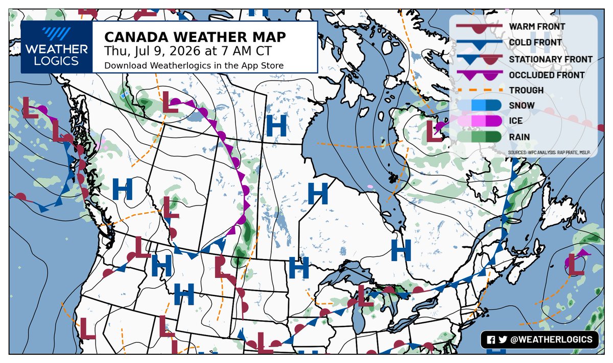 weatherlogics's tweet photo. Canada weather map - Thursday, July 9, 2026

#bcwx #abwx #skwx #mbwx #onwx #meteoqc #nbwx #nswx #pewx #nlwx https://t.co/lQ1bsGBwgX
