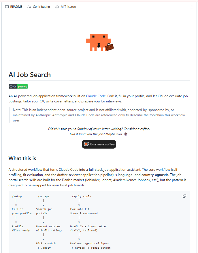 AI Job Search README screenshot showing a Claude Code workflow for scraping postings, evaluating fit, tailoring CVs, drafting cover letters, and reviewer critique