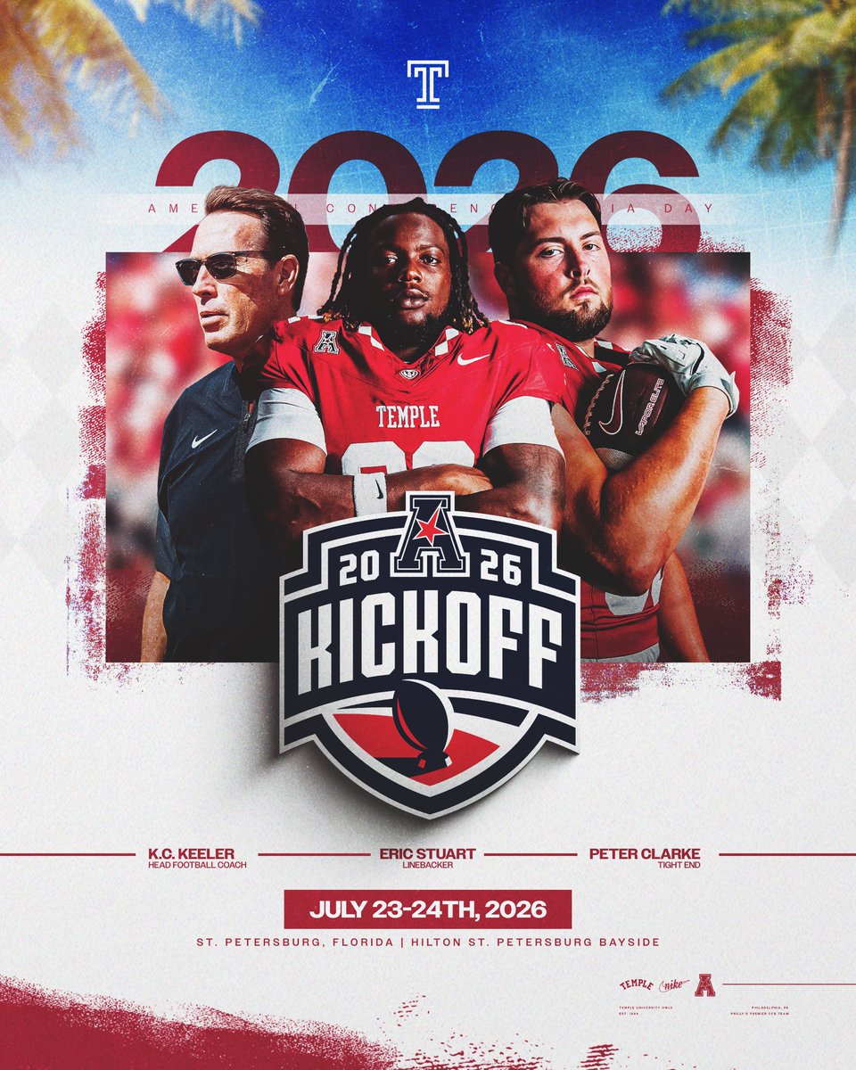 Temple_FB's tweet photo. Our representatives for this year’s 2026 @American_Conf Kickoff!

♦️@CoachKCKeeler 
♦️ @EricStuart22 
♦️ @iam_peterclarke
 
#TempleTUFF https://t.co/JvkPWpVVO8