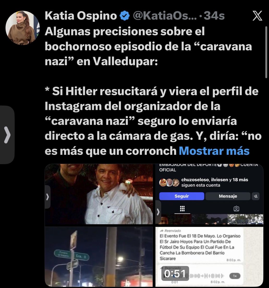 KatiaOspino's tweet photo. #ATENCIÓN ‼️
Más detalles sobre el organizador de la “caravana nazi”:

-Jairo Hoyos, que de nazi no tiene nada, no es más que un corroncho con traumas de agresividad y complejos de inferioridad.

-Este personaje es el mismo que, hace unos años, agredió físicamente en un estadio (le pegó en la cara) al hijo (menor de edad en ese momento) de la presentadora Cristina Hurtado, @CrissHurtado todo porque estaba sentado en una silla que, según él, era la suya. En realidad era la silla del hijo de Cristina. 

- Además, es presuntamente dueño de una red de préstamos (ilegales) a empleados de la Alcaldía de Valledupar, Les reciben en empeño las tarjetas débito con las que cobran sus salarios. No son precisamente “cinco pesos” los que, según se comenta, se mueven allí, en Azúcar Buena, donde vive.
Ya está bueno de tantos estúpidos en Valledupar ensuciando el nombre de la ciudad.

- Su hijo al parece funcionario de la alcaldía estaría facilitándole algunos movimientos en el área del deporte a su papá. (De esto les tendré información detalla muy pronto)  es escandaloso.