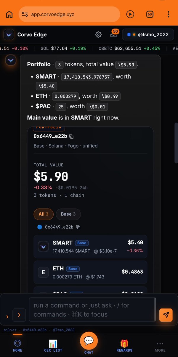 Ismo_2022's tweet photo. I decided to test @CorvoEdge again today, wanted to test the bridge between Base Eth to Robinhood Eth so as to join the train on Robinhood Chain. 
The meme season 

First, I asked it to show me my wallet balance and portfolio.
It did it instantly. https://t.co/AmUwhgDpU3
