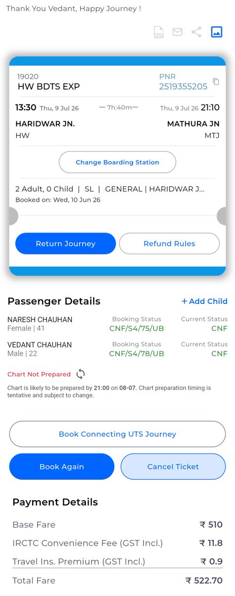 Vedant63_98's tweet photo. Dear @IRCTCofficial @RailwaySeva my train no. 19020 has been delayed by over 8 hours from 1:30 PM to 10:00 PM. Due to this unexpected delay, I am unable to reach Mathura in time to use my IRCTC Retiring Room booked for 9 July, 8:00 PM so I request you to resolve my issue. https://t.co/guiLynJA8Y