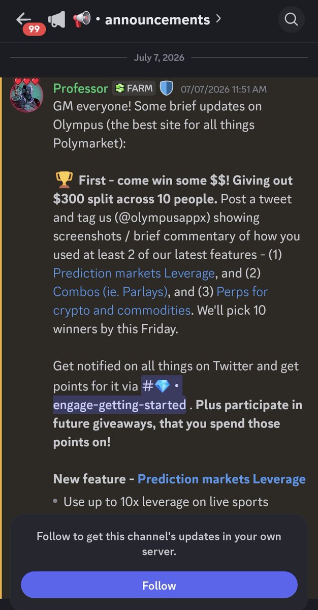 3uan__'s tweet photo. Heads up if you're a content creator and into @Polymarket 🪂

@olympusappX is giving away $300 USDC to 10 lucky winners 🎁

All you need to do is use any 2 of their latest features and post about your experience 👇

- Prediction Markets Leverage
- Combos (multi-leg parlays)
- Perps (crypto & commodities up to 20x)

Tag Olympus in your post, add a quick comment about how you used at least two of the features, and you're in. ✍️

Winners are being picked in the next few days. Good luck! 🍀