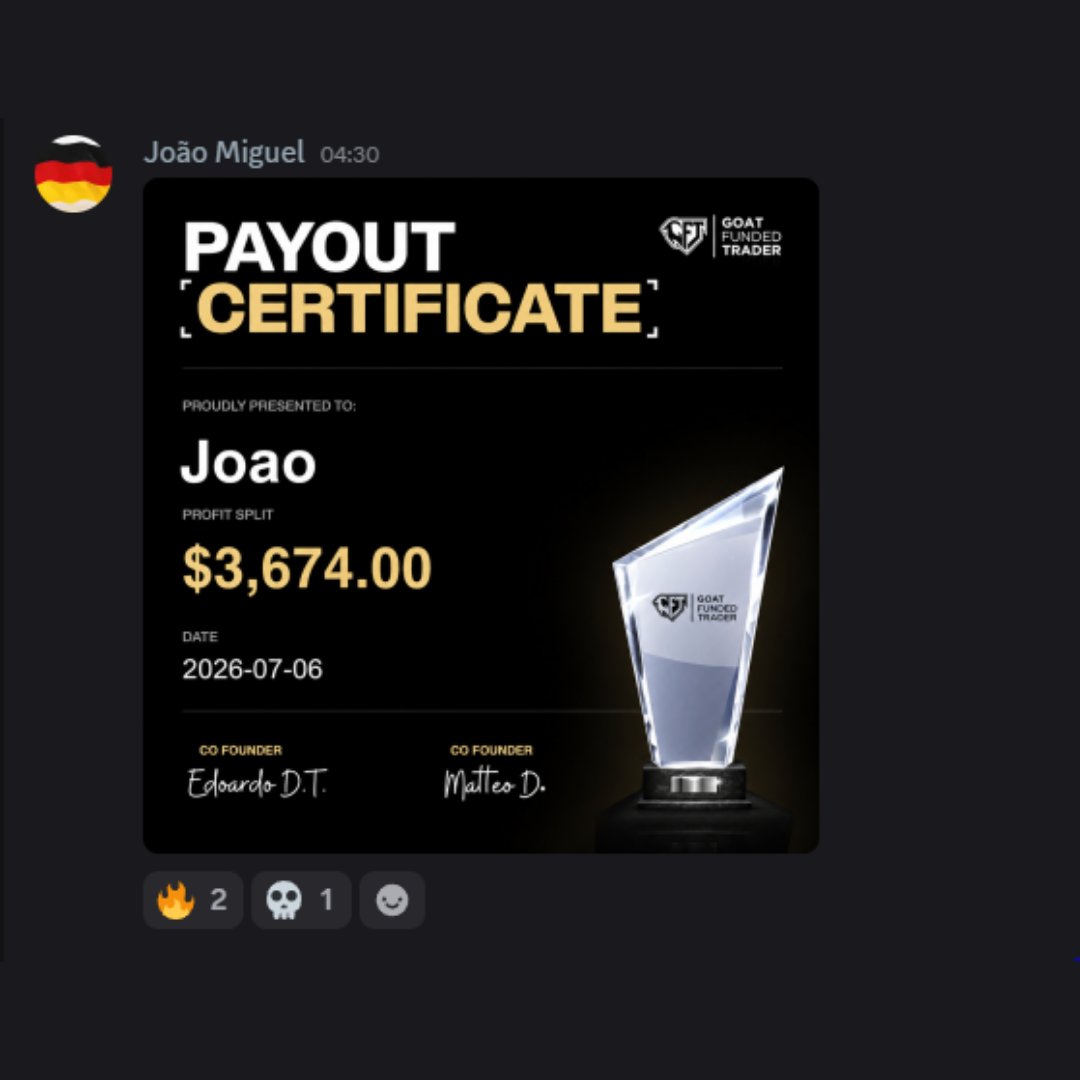 EdwardXLreal's tweet photo. There's nothing more rewarding than seeing traders succeed and getting paid for their hard work.

Every reward reminds us why we built Goat Funded Trader in the first place.

Congratulations to Waleed, Joao, Dhruv and Jose on your rewards. 👏

We'll keep doing our part:

✅ Pay every eligible trader within 2 business days

And if we don't...

We'll add an extra $1,000 on top.

That's our promise. 🐐

Thanks again for your testimonial.