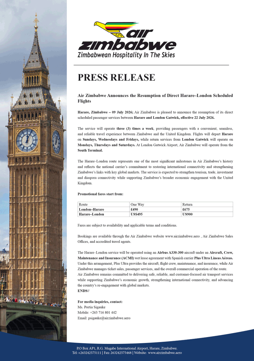 FlyAirZimbabwe's tweet photo. Strengthening trade, tourism &amp; diaspora ties. Air Zimbabwe resumes direct Harare–London Gatwick flights on 22 July 2026.
3x weekly. Promo fares from US$495 / £490. Book today 👉 https://t.co/mIgLXKLZIW

#AirZimbabwe #EconomicGrowth #HarareLondon https://t.co/MN7nY9umYf