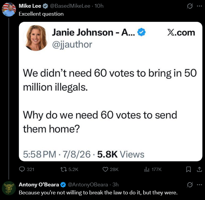 BlackDumpling's tweet photo. And the opposition was counting on this being the justification to keep them here.

To be frank, I grow weary of we treating Traitors like countrymen, when they feel no desire to do the same for us.

They shelter themselves with laws they feel no compulsion to adhere to.

And so.. Consider... that our laws are not their laws, and following them to the service of the enemy serves none but them.

Imagine if every Nazi demanded to be put on trial before we shot them on the battlefield, and there was an entire American state based governmental network designed to ensure they had such protections. Even as they themselves kept shooting us.

That is where we are now.