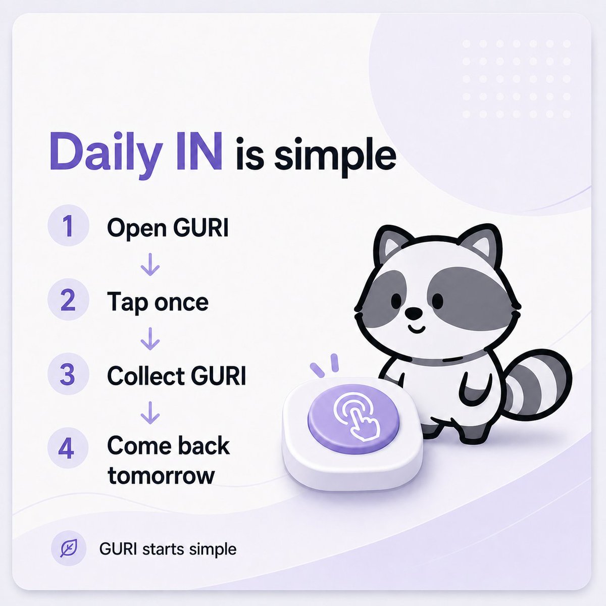 Guri_foundation's tweet photo. Daily IN is simple:

Open GURI.
Tap once.
Collect GURI.
Come back tomorrow.

#GURI #BuildInPublic https://t.co/V0nN8uOIbv