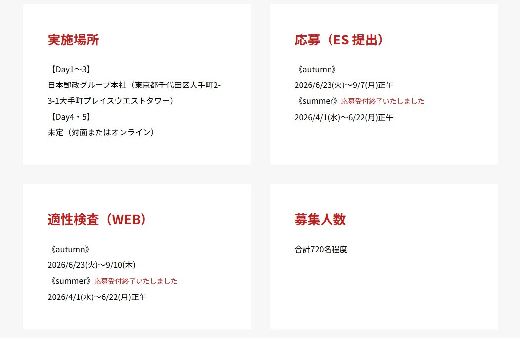 leo_career's tweet photo. 28卒【🔔絶対に応募したい優良企業インターン🔔】

■日本郵政

⏰締切：9/7

・文理不問の5daysインターンで募集が入ってます！
・選考は、ES+適性検査のみで応募し得
・一方で、例年限定イベント、早期などの優遇あり
・受入枠は600名以上で、参加確率もかなり高い
・日本郵政は、30前半で年収800-900万を狙える大手インフラ企業
・本選考でも数百名規模で採用するので、かなり狙い目
・学歴も幅広く、ブランドもある会社なので、受けない手は無いかも
