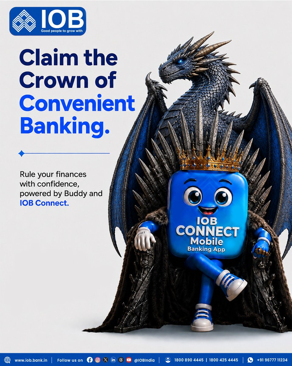 IOBIndia's tweet photo. One app. Countless possibilities. 👑
Whether it's managing your money, making payments, or banking on the go, your everyday banking companion is always within reach.
IOB Connect designed for today.
#IOBConnect #IOBForYou #GoodPeopleToGrowWith #MobileBanking #DigitalBanking #DFS #RBI #BalancedGrowth