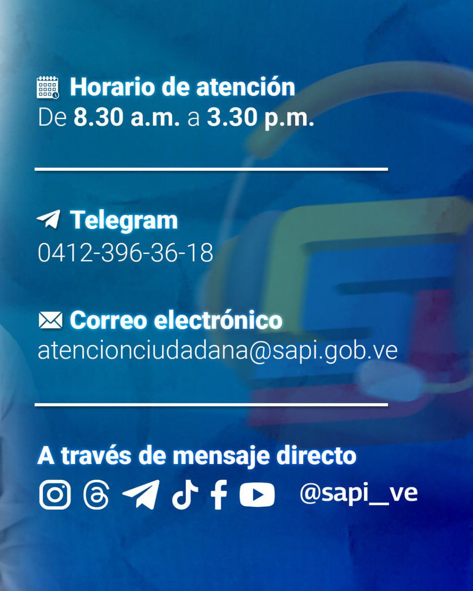 sapi_ve's tweet photo. ¡En unión nacional Venezuela renacerá!  

Nuestro equipo de Atención Ciudadana está listo para orientarte y resolver cualquier duda que tengas sobre tus trámites en materia de Propiedad Intelectual. 

¡Impulsamos la Venezuela Creativa! 🇻🇪 https://t.co/J6Q4qyfRar