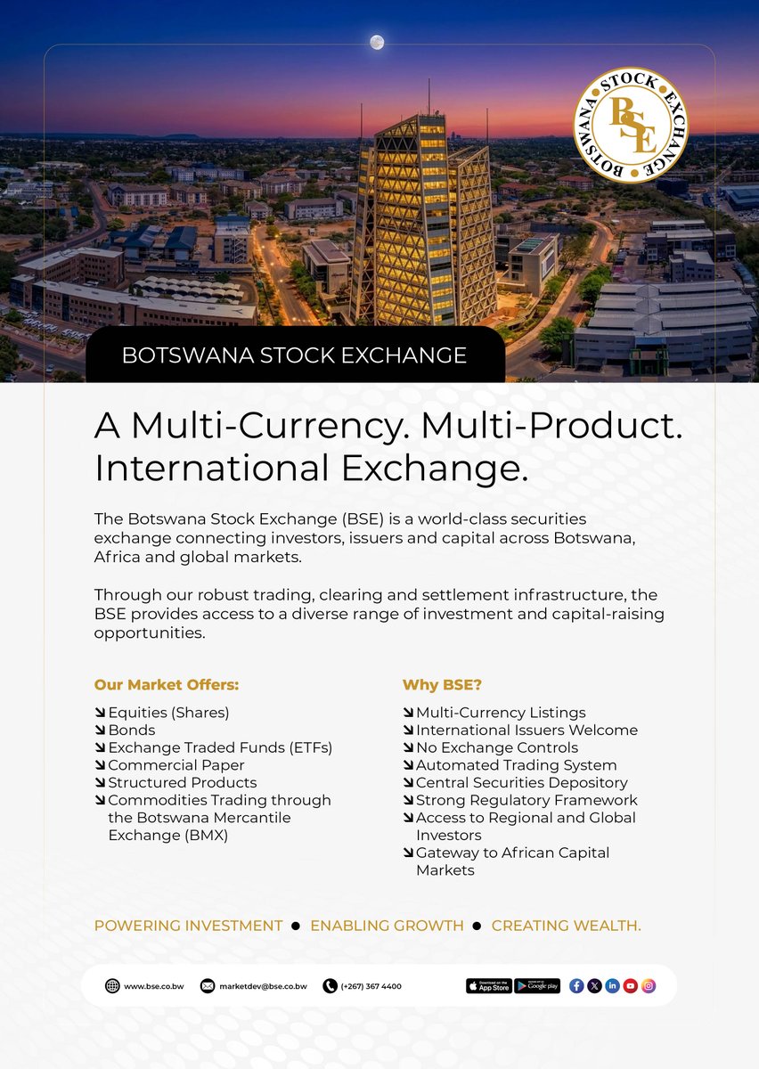 TheOfficialBSE's tweet photo. BOTSWANA STOCK EXCHANGE: A MULTI-CURRENCY. MULTI-PRODUCT. INTERNATIONAL EXCHANGE https://t.co/hBRccNPzNJ
