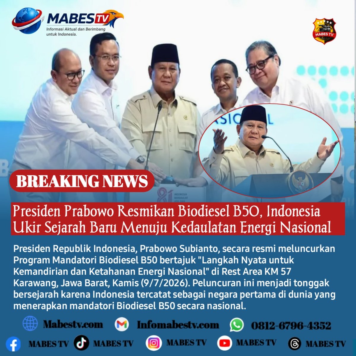 mabestv86's tweet photo. *Presiden Prabowo Resmikan Biodiesel B50, Indonesia Ukir Sejarah Baru Menuju Kedaulatan Energi Nasional* 

Karawang, Jawa Barat // https://t.co/AnN1MeKJgo – Presiden Republik Indonesia, Prabowo Subianto, secara resmi..

_Baca selengkapnya:_ 
 https://t.co/KSiDt2FvmB https://t.co/xAk8kbtyVN