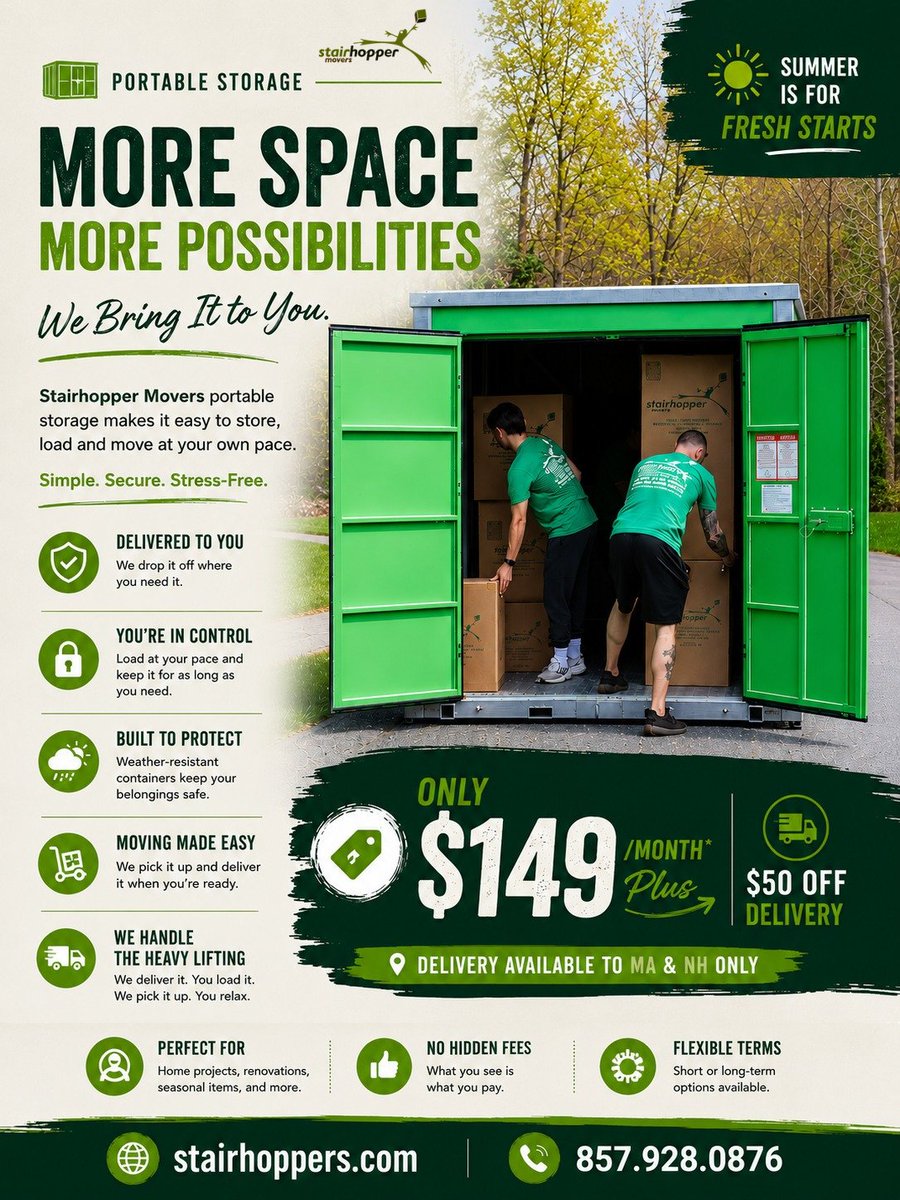 Stairhoppers's tweet photo. More space when you need it. ๐ฆ Our portable storage containers are delivered to your door, so you can pack on your schedule. Secure, convenient, and built to make storage stress-free.
#PortableStorage #MovingMadeEasy #StairhopperMovers https://t.co/ULGPkH6XNq