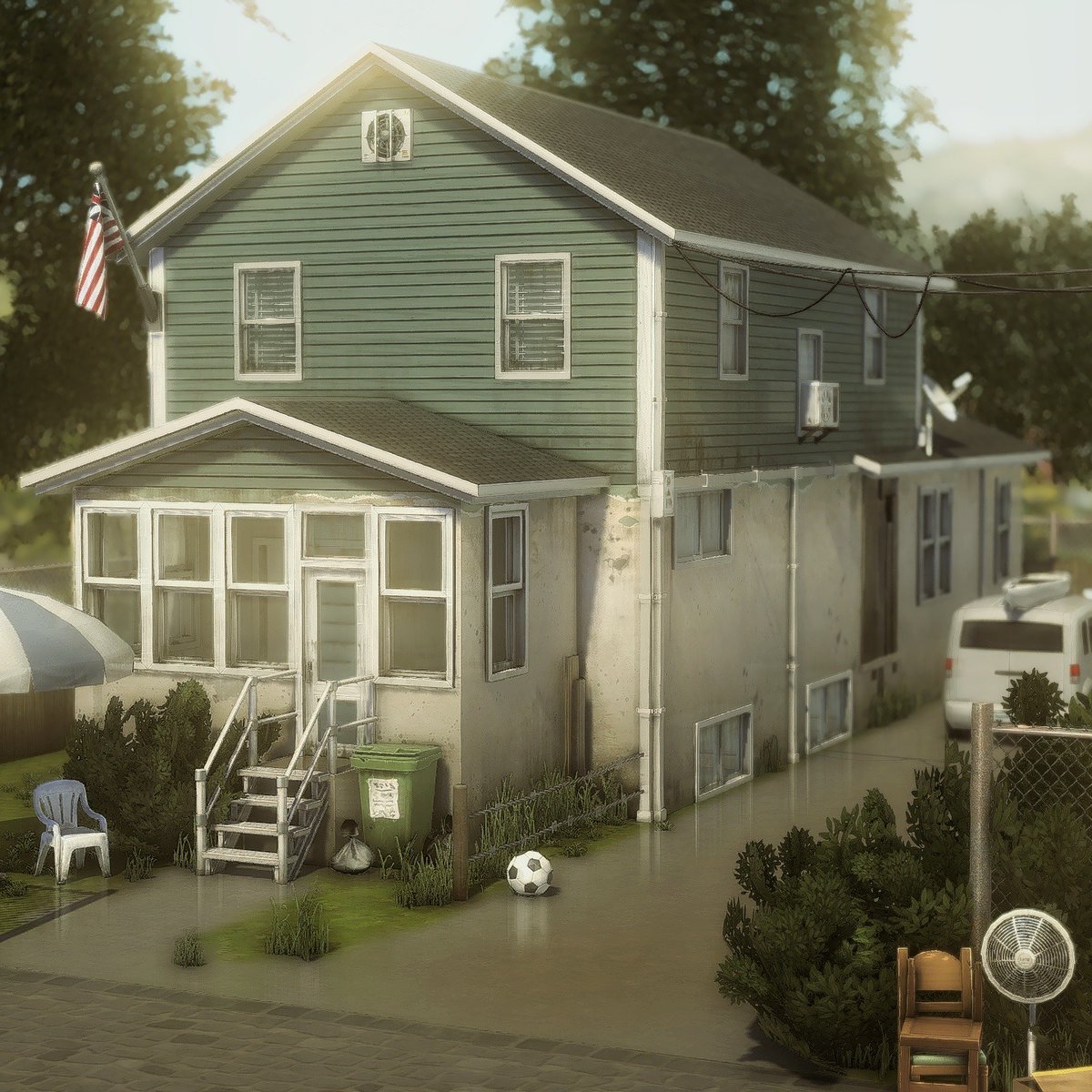 axiisims's tweet photo. I built a realistic, slightly rundown home inspired from American suburbs 🇺🇸 EA ID: axiisims

#thesims4 #thesims #sims4 #sims https://t.co/VrK6YUmXUa